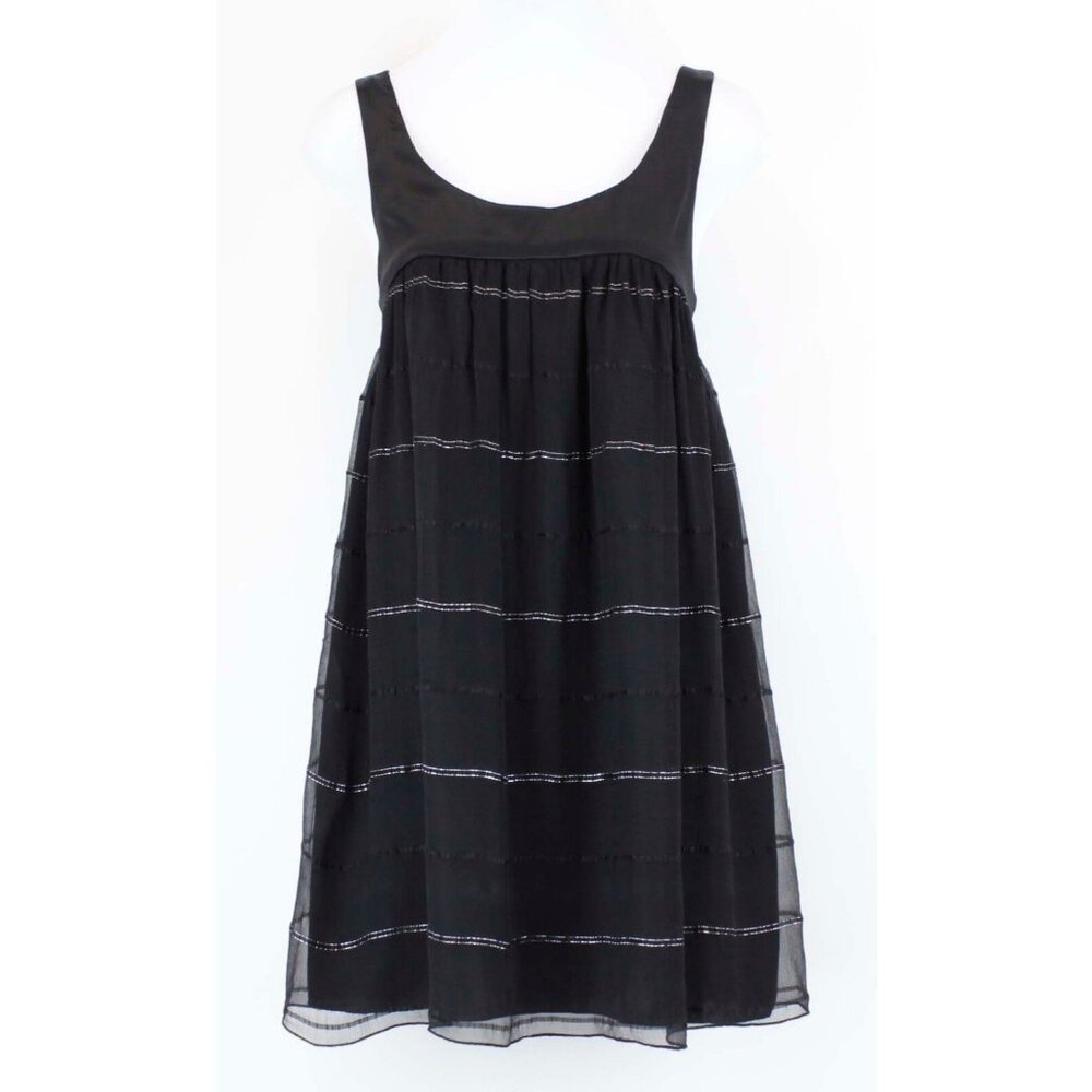 Helen Wang Sz 6 Black Silver Accent Striped Silk Sheer Overlay Silk Dress - Picture 2 of 6